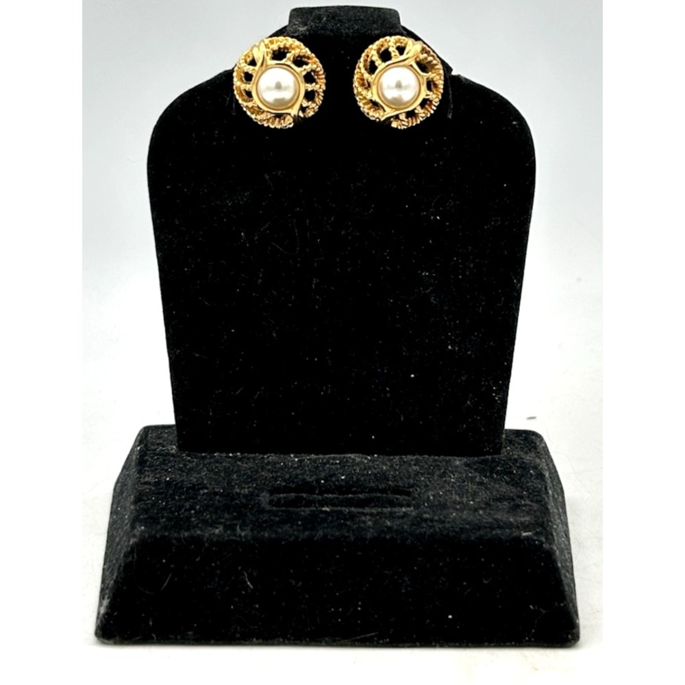 VTG Earrings Gold Pearl Pierced Signed Napier  Costume Jewelry  1980's Filigree
